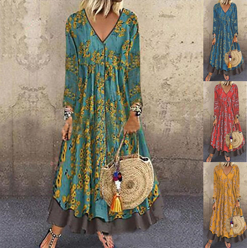 Damen blumiges Maxikleid mit weitem Schnitt und V-Ausschnitt WW