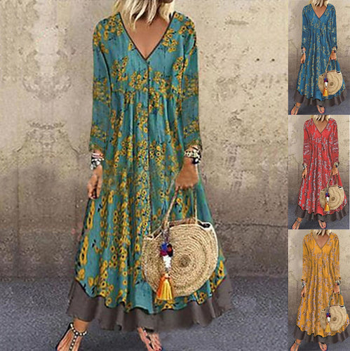 Damen blumiges Maxikleid mit weitem Schnitt und V-Ausschnitt WW