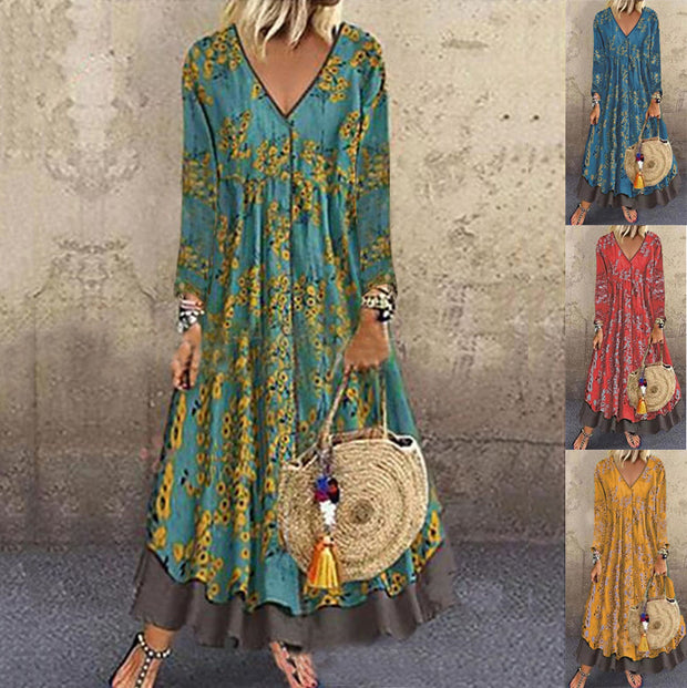 Damen blumiges Maxikleid mit weitem Schnitt und V-Ausschnitt WW