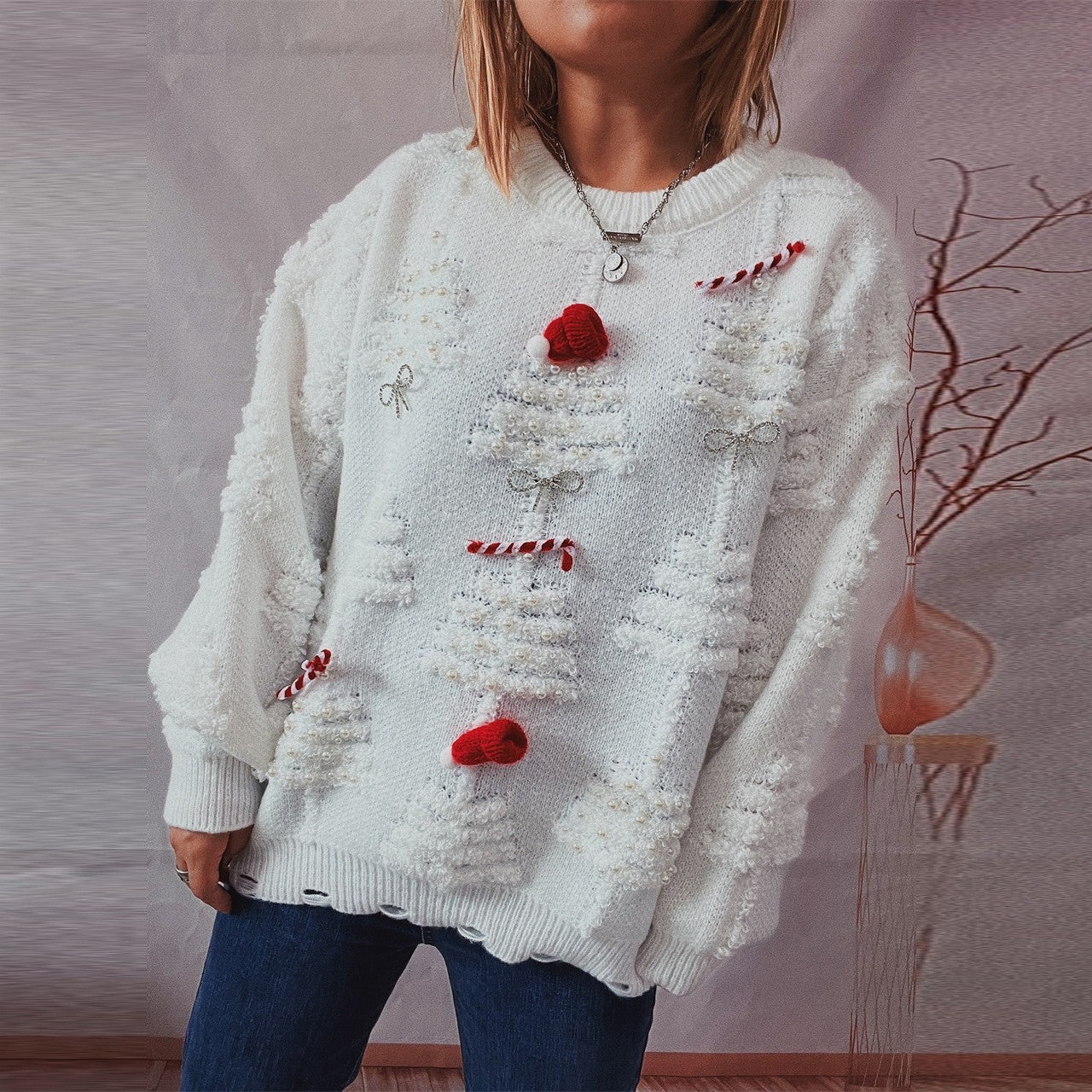Damen festlicher Pullover mit kreativen Weihnachtsmotiven und strukturiertem Design WW