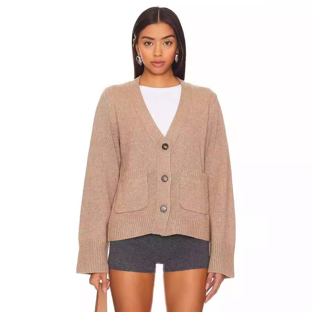 Damen Strickjacke mit V-Ausschnitt und großen Taschen WW