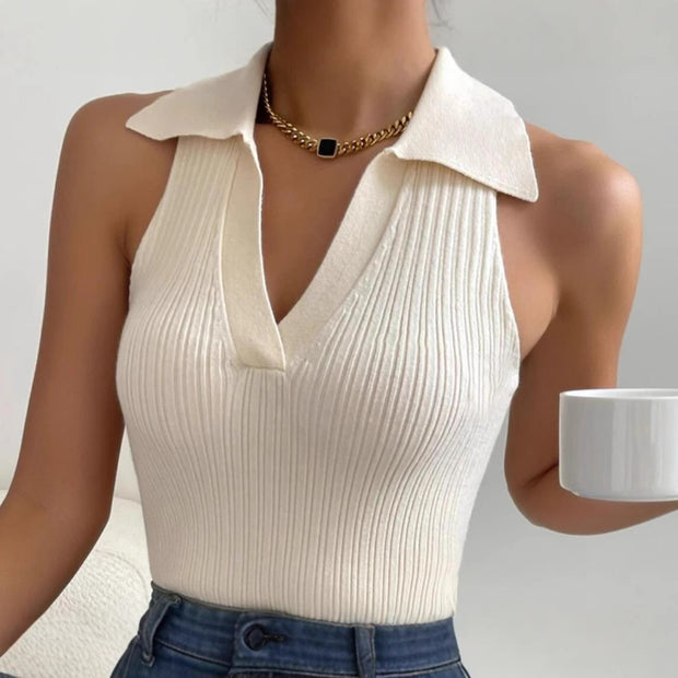 Damen Ärmelloses Strickoberteil mit modischem Kragen und Rippstruktur WW