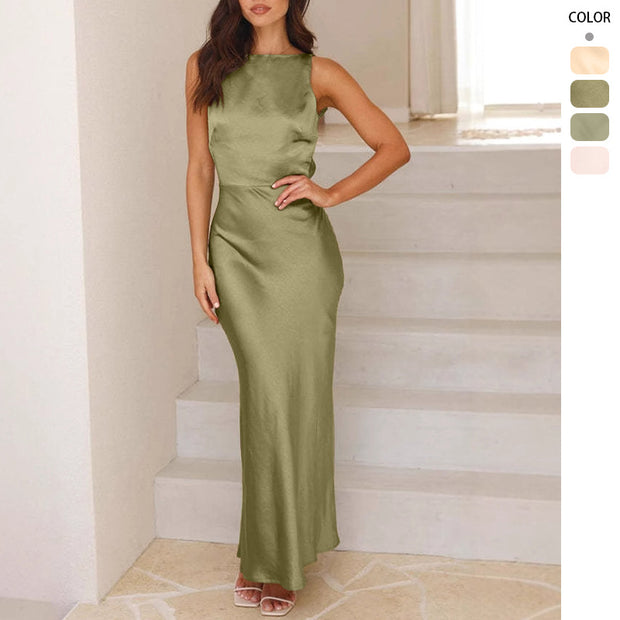 Damen Satin Maxikleid mit elegantem Schnitt und hohem Schlitz WW