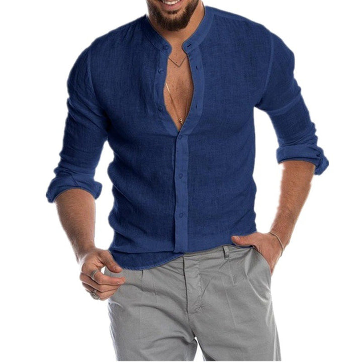 Herren lässiges Leinenhemd mit modischem Henley-Ausschnitt und hochwertiger Knopfdetail W&W Mode