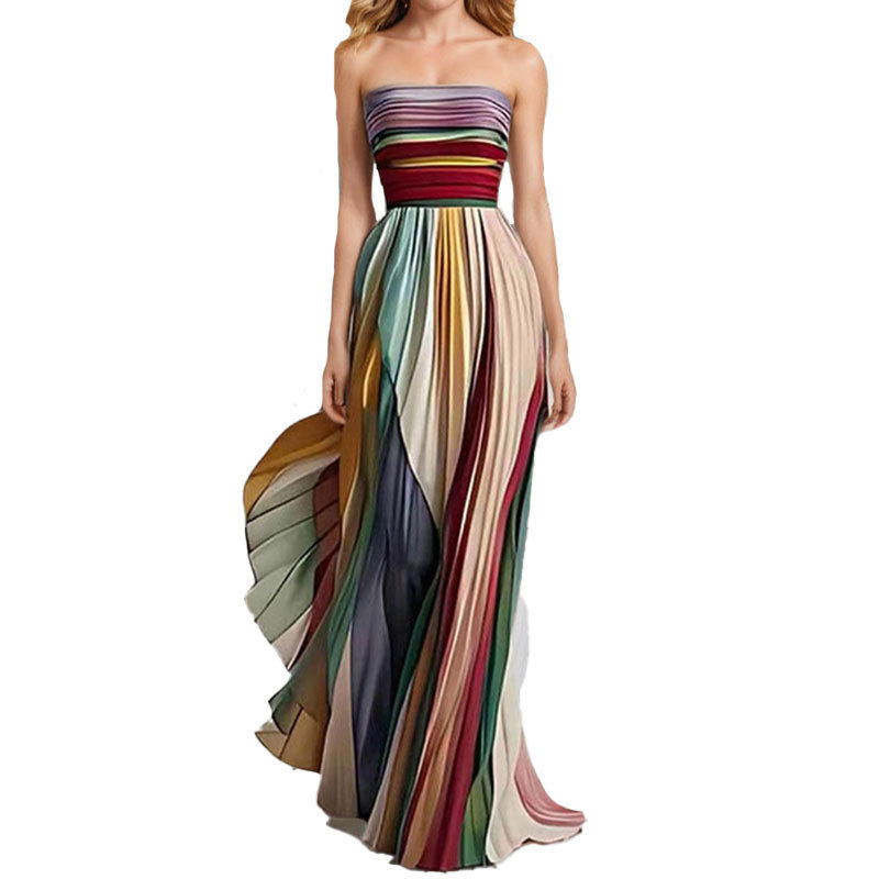 Damen Elegantes Maxikleid mit gerafftem Oberteil und farbenfrohem Streifenmuster WW