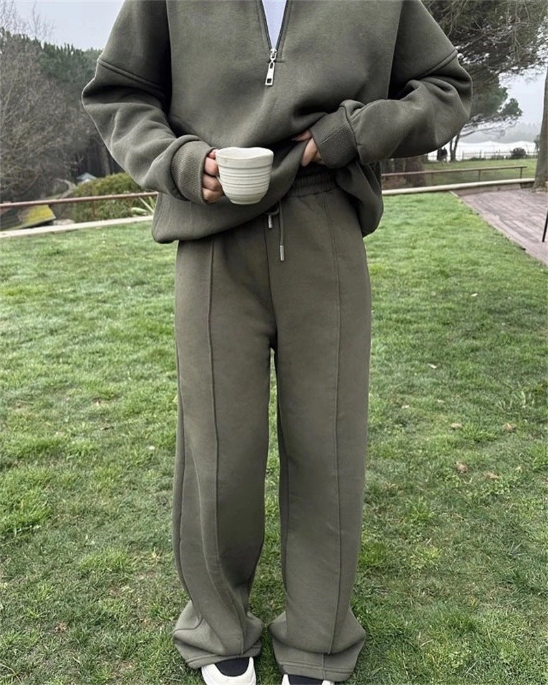 Damen bequemer Fleece-Athleisure-Anzug mit Stehkragen und Reißverschluss WW