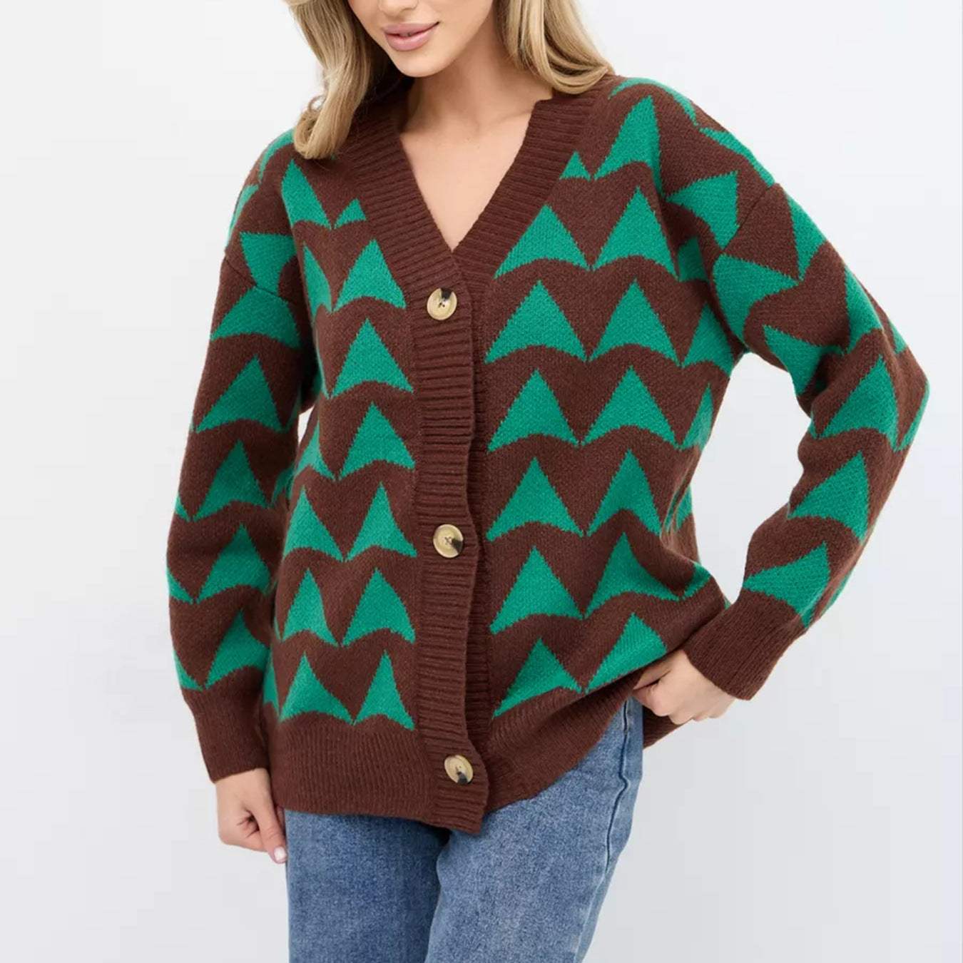 Damen Strickjacke mit geometrischem Muster und knöpfbarem Design WW