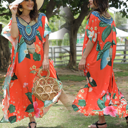 Damen Strandkaftan mit kunstvollem Blumenmuster und dekorativer Perlenverzierung WW