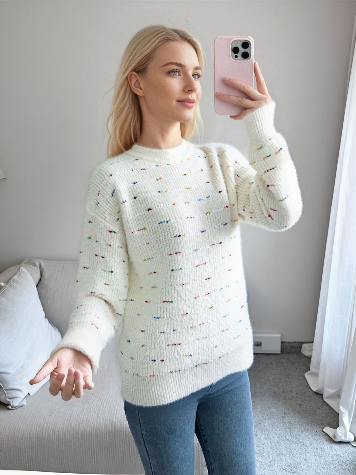 Damen Bequemer Strickpullover mit buntem Punktdesign WW