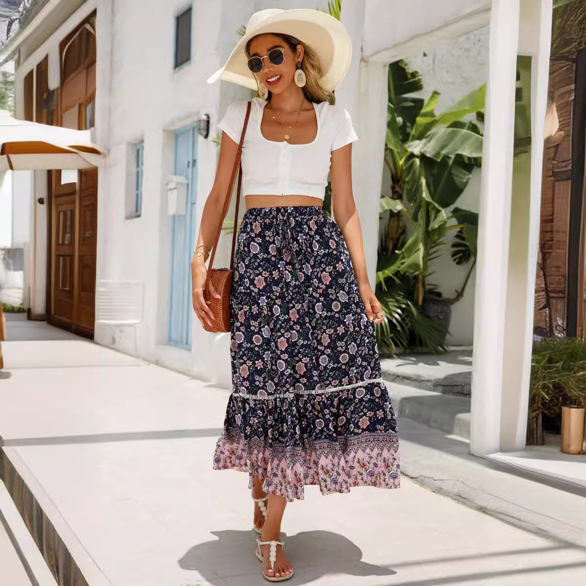 Damen Sommer-Rock mit floralen Mustern und voluminösem Saum WW