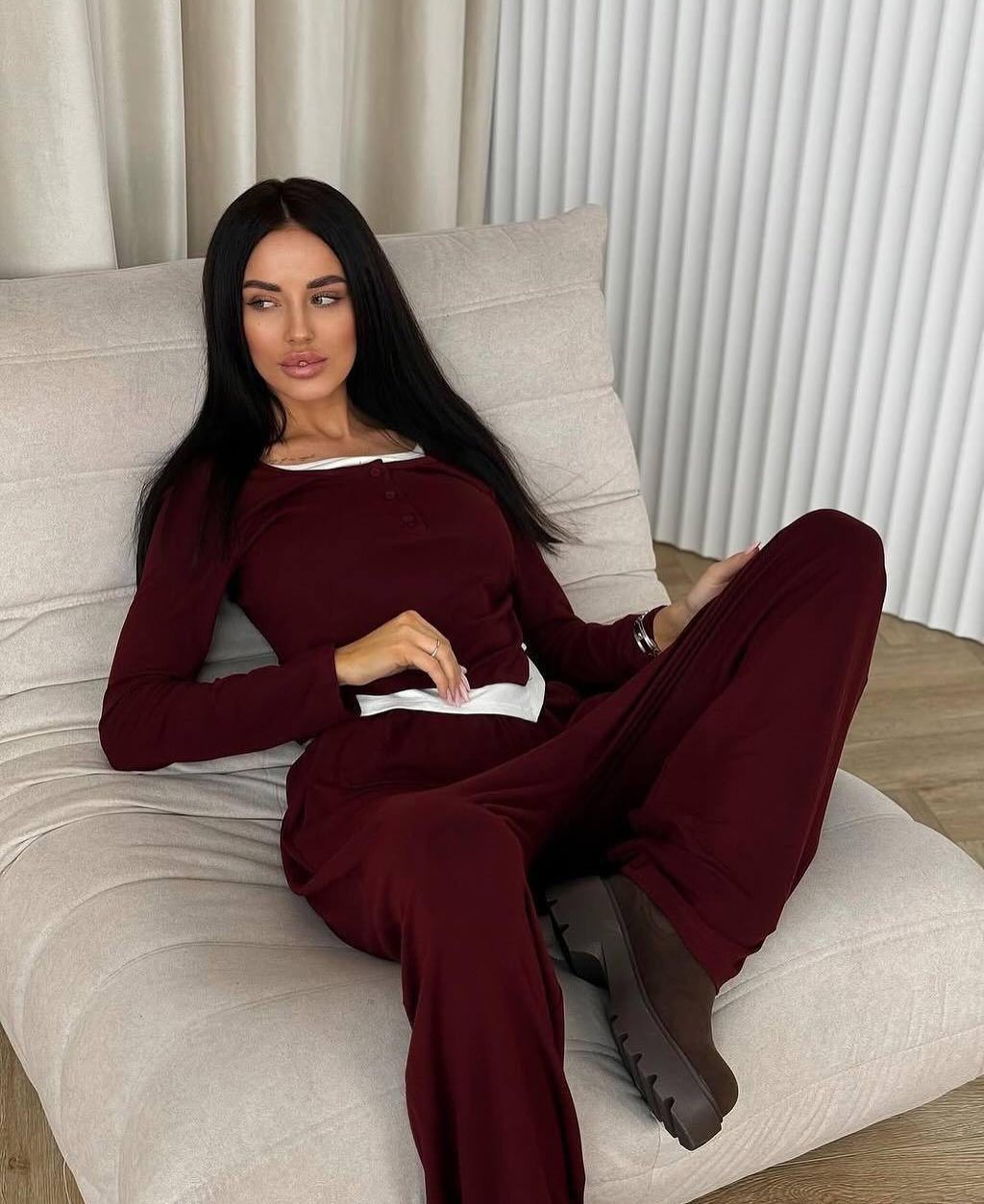 Damen bequeme Lounge-Hose und langärmliges Oberteil-Set WW