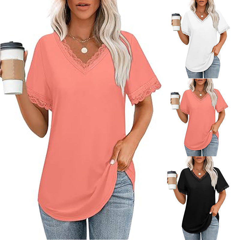 Damen V-Ausschnitt T-Shirt mit Spitzendetails WW