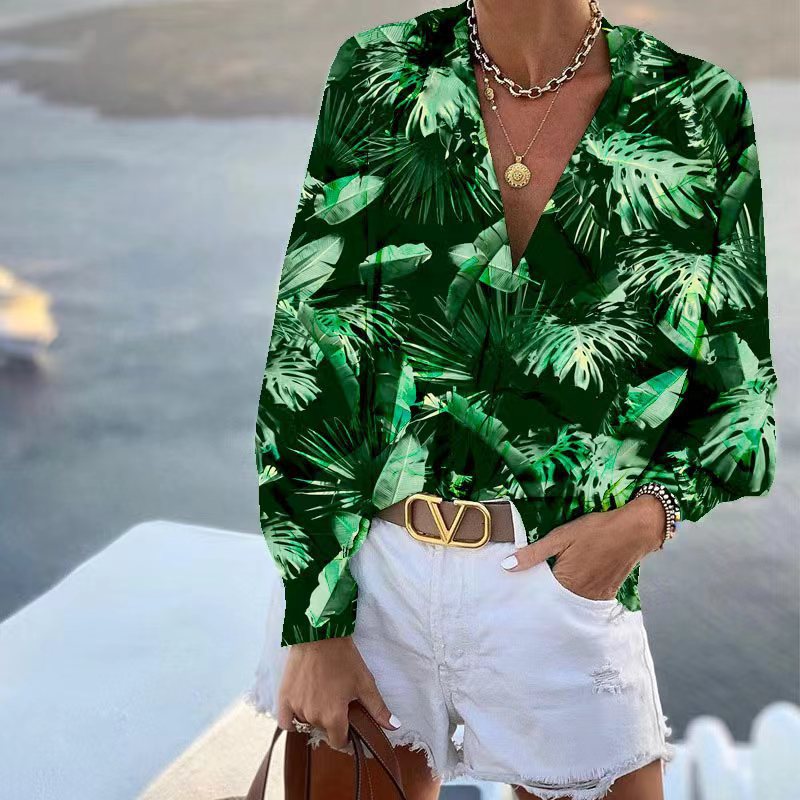 Damen Bluse mit floralem Muster und tiefem V-Ausschnitt WW