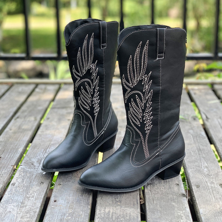 Damen Cowboy-Stiefel mit hohem Absatz und kunstvollen Stickereien WW