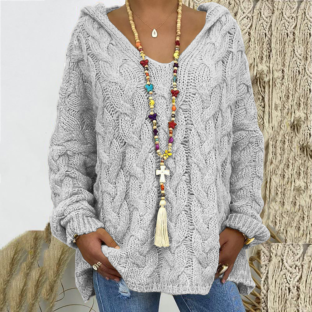 Damen Strickpullover mit Kapuze und Zopfmuster WW