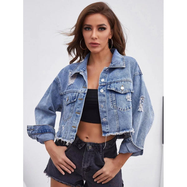 Damen cropped Jeansjacke im Vintage-Style mit lässigen Fransen und robusten Details WW