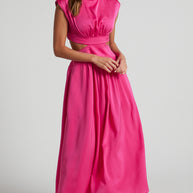 Damen elegantes Maxikleid mit hohem Kragen und seitlichen Cut-Outs WW