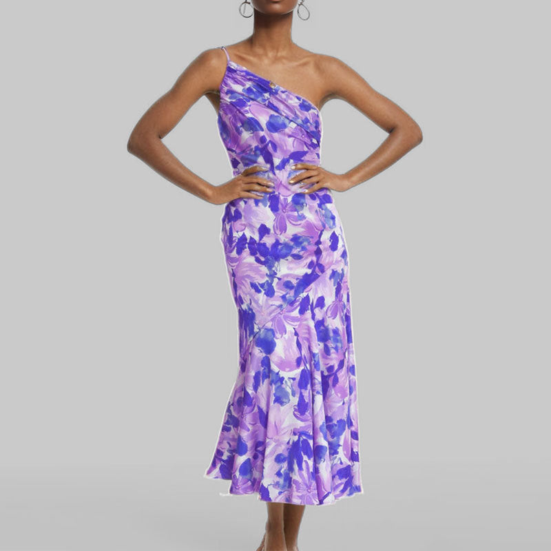 Damen Elegantes Maxikleid mit asymmetrischem Träger und floralem Design WW