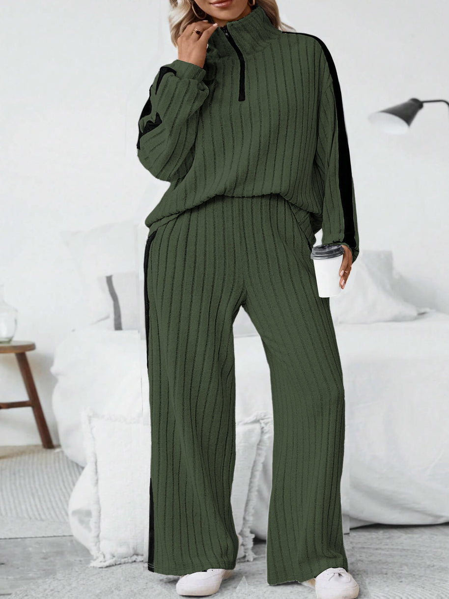 Damen bequemer Loungewear-Set mit strukturiertem Stoff und Halbzip WW