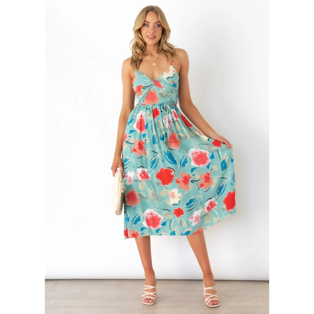 WW | Frühling Sommer Frisch Süß Digital Blumenmuster Slip Kleid