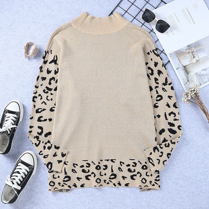 Damen lässiges Oversized-Pullover mit animalischem Muster und hohem Kragen WW
