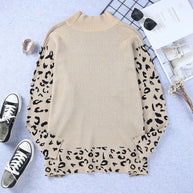 Damen lässiges Oversized-Pullover mit animalischem Muster und hohem Kragen WW