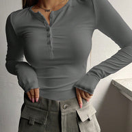 Damen schmeichelhaftes Langarm-Bodyshirt mit Knopfleiste WW
