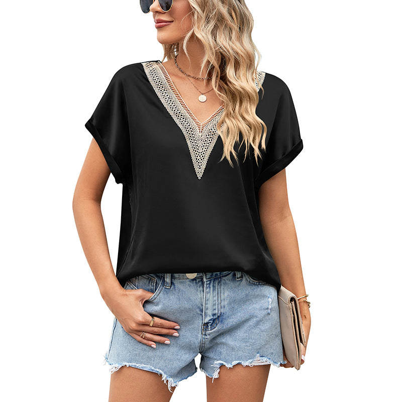 Damen Bluse mit tiefem V-Ausschnitt und Häkelakzenten WW