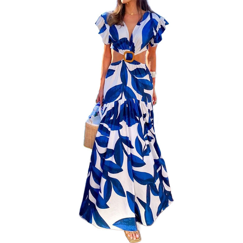 Damen Maxikleid mit gewelltem Ärmeldesign und elastischem Taillengürtel W&W Mode