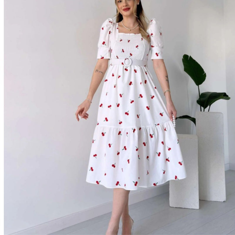WW | Bedrucktes, taillenbetontes U-Ausschnitt Elegantes Kleid