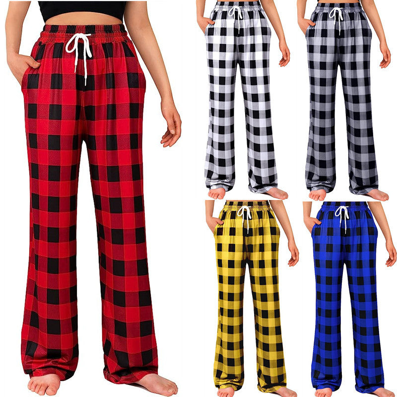 Damen Bequeme Karohose mit elastischem Bund und Seitentaschen WW