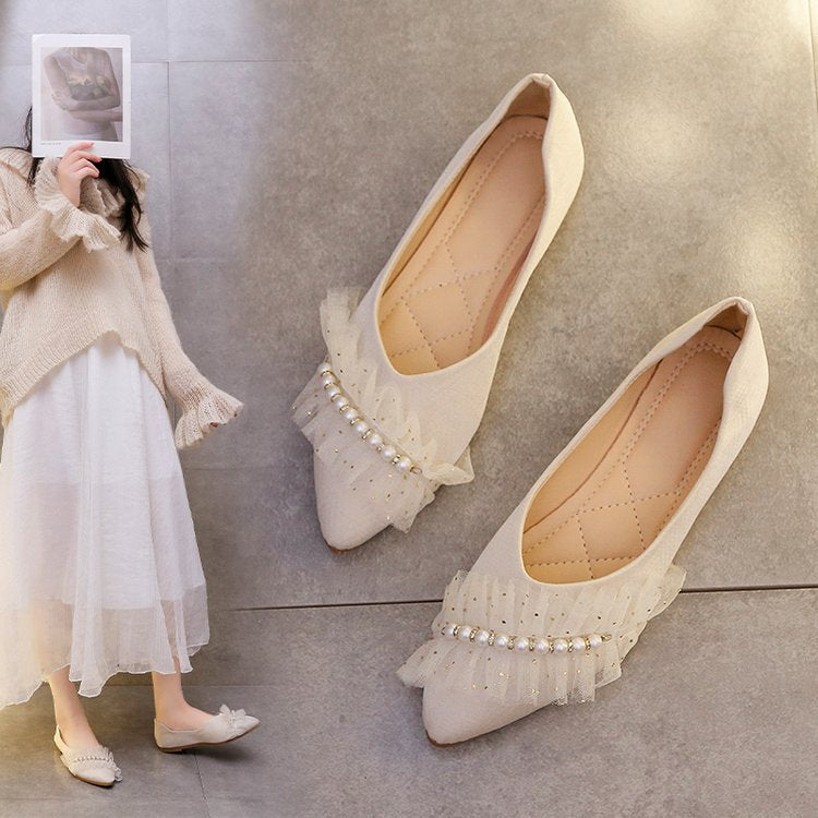 Damen Ballerinas mit dekorativem Rüschen- und Perlenschmuck W&W