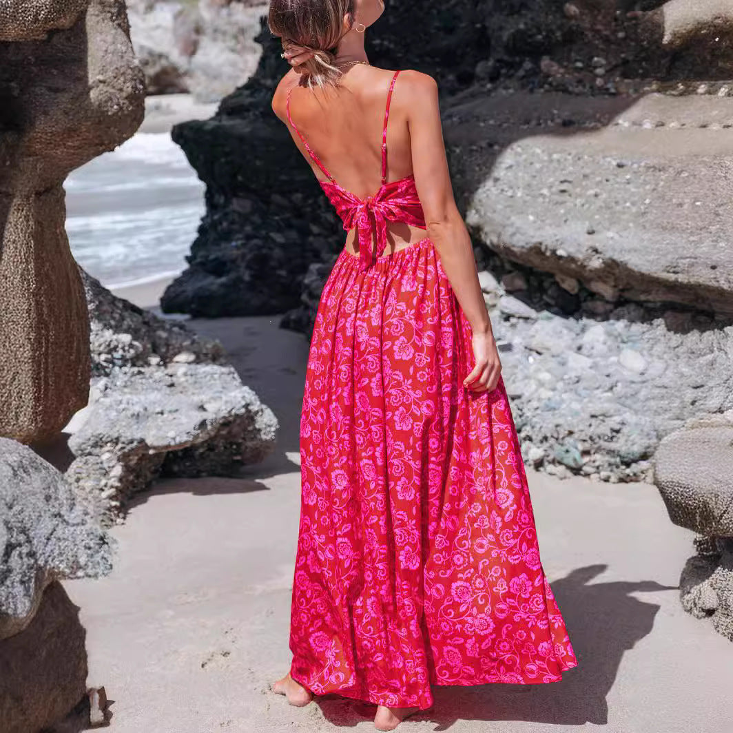 Damen Maxikleid mit raffiniertem Knotendetail und floralen Designelementen WW