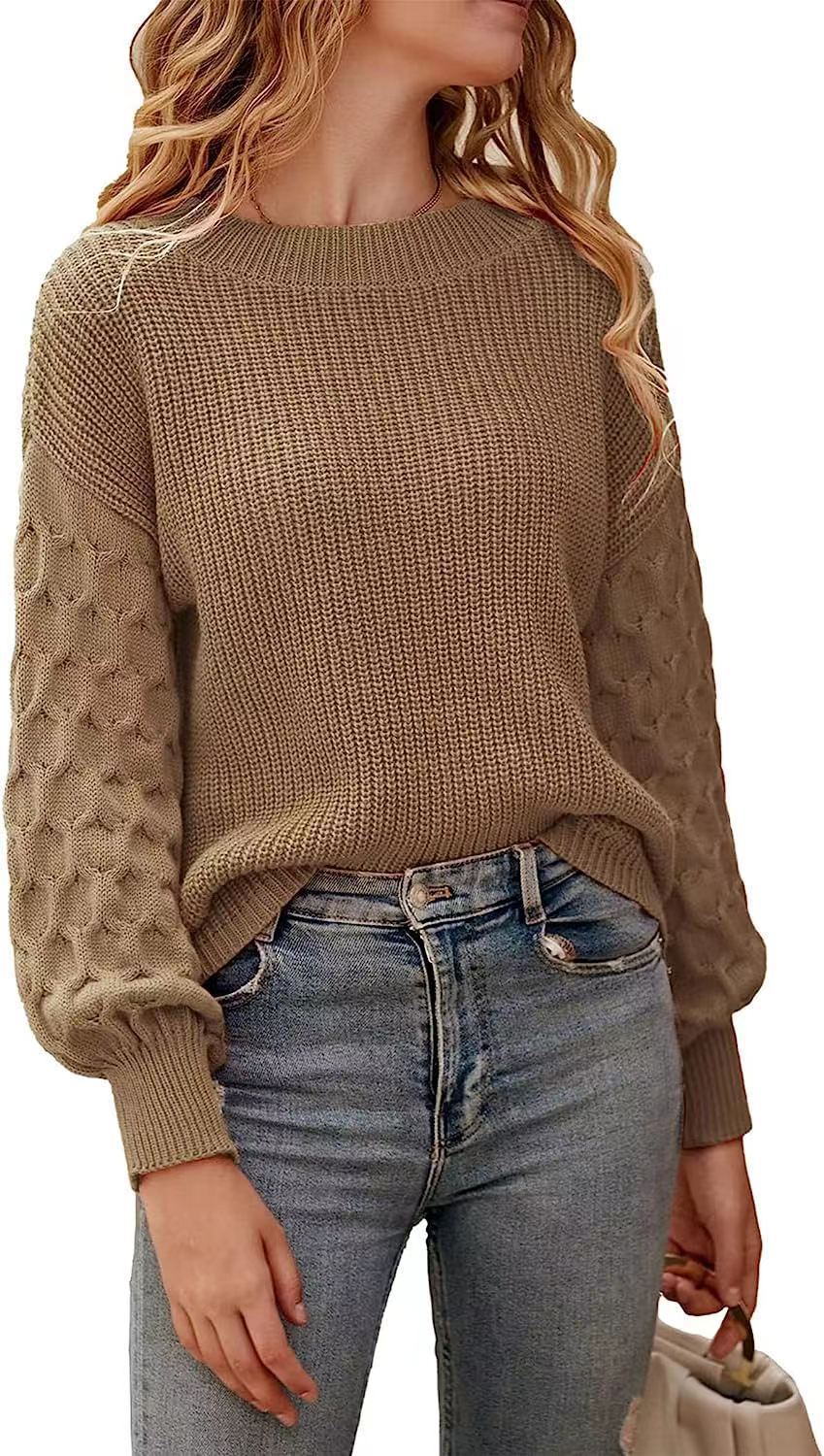 Damen Strickpullover mit strukturierten Puffärmeln und Rundhalsausschnitt WW