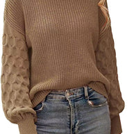 Damen Strickpullover mit strukturierten Puffärmeln und Rundhalsausschnitt WW