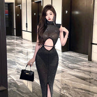 WWMODE | Sexy Mesh Durchsichtig Strass Hollow Split Bodycon Kleid