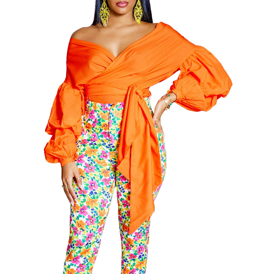 Damen Wickelbluse mit voluminösen Ärmeln und eleganter Schleifenbindung WW