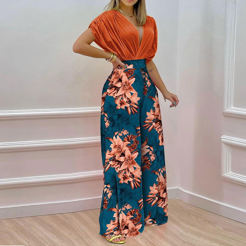 Damen Jumpsuit mit tiefem V-Ausschnitt und weitem Bein W&W Mode