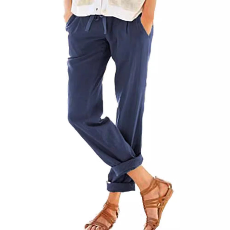 Damen bequeme Leinenhose mit elastischem Bund und seitlichen Taschen WW