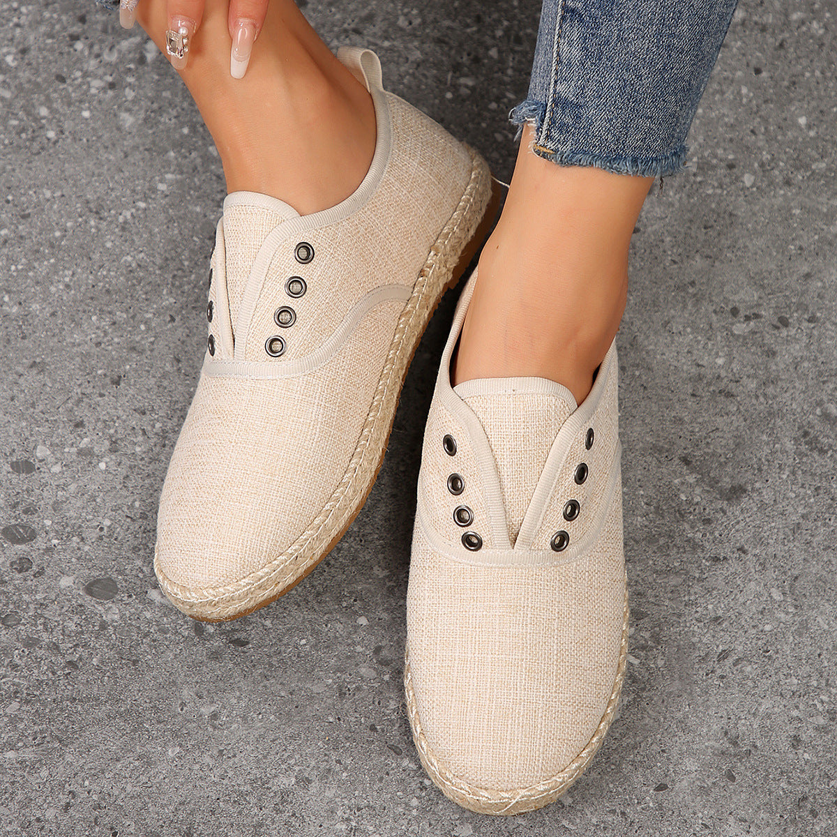 Damen Casual Espadrille Slip-Ons mit stylischem distressed Denim-Muster WW
