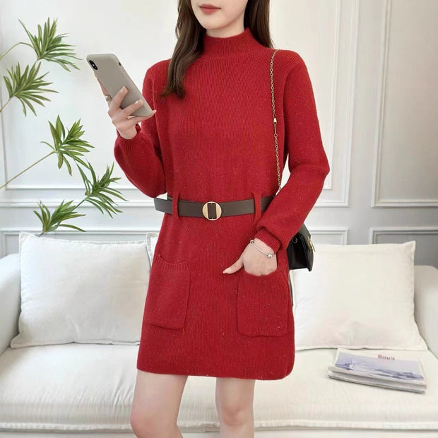 Damen Strickkleid mit hochgeschlossenem Kragen und praktischen Taschen WW