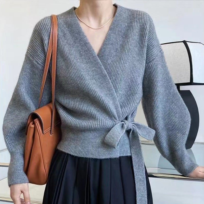 Damen Wickeljacke mit breiten Ärmeln und Taillenknoten WW