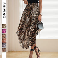 Damen eleganter Maxirock mit asymmetrischem Saum und tierischem Leopardenmuster WW