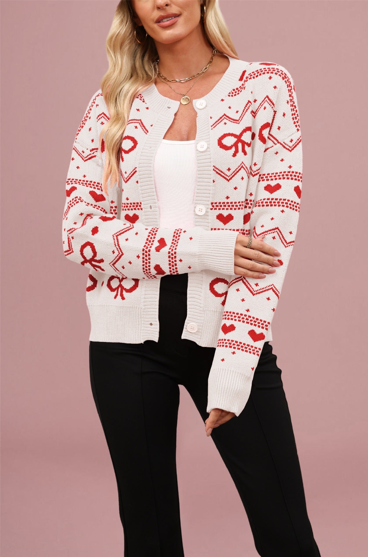 Damen Strickjacke mit verspieltem Herz- und Schleifenmuster WW