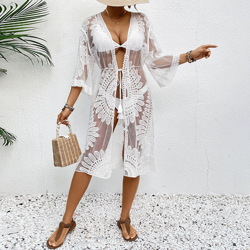 Damen transparenter Strandüberwurf mit elegantem Häkelmuster WW