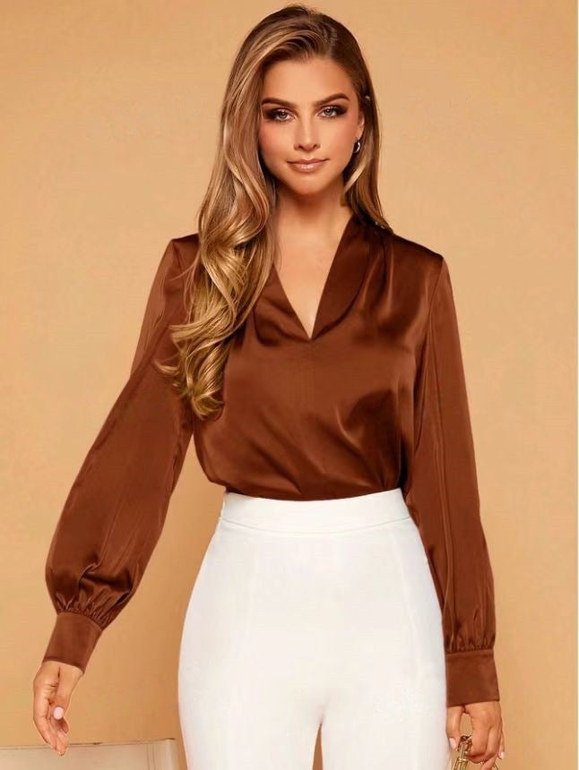 WW | V-Ausschnitt Langarm Satin Bluse