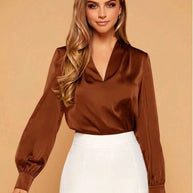 WW | V-Ausschnitt Langarm Satin Bluse