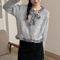 Damen Strickjacke mit Rüschen und eleganter Schleife WW