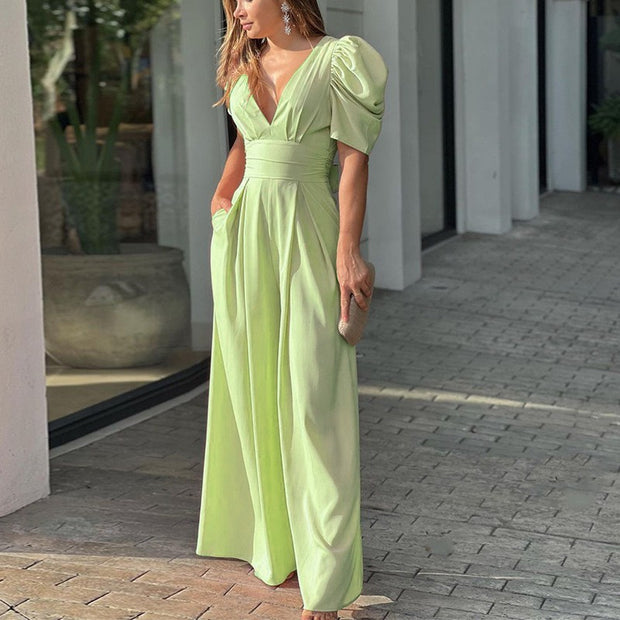 Damen Puffärmel Jumpsuit mit tiefem V-Ausschnitt und weiten Beinen WW