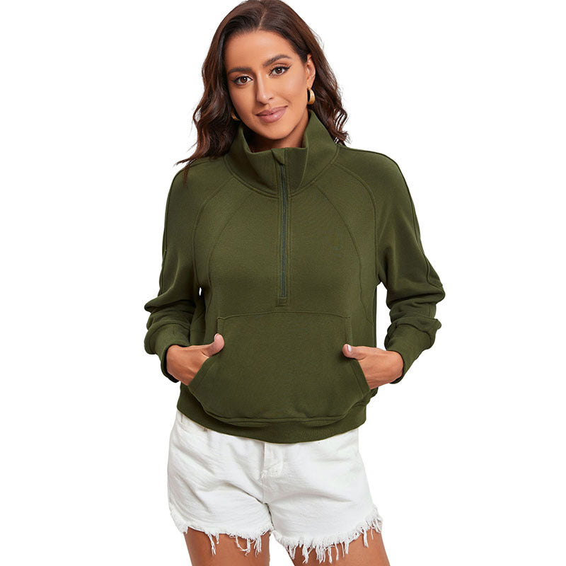 Damen lässiger Pullover mit halbem Reißverschluss und praktischen Taschen WW